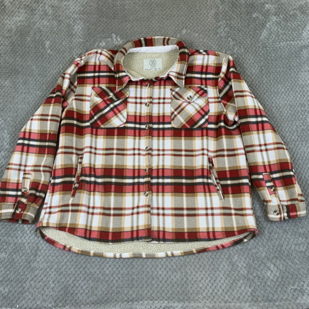 Sage Collective Sherpa Lined Shirt Jacket Mens XXL Red Tan Plaid Fleece Snap